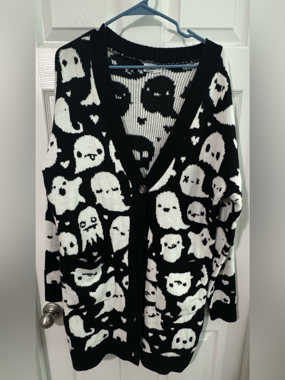 Em & Sprout Black White Ghost Cardigan Sweater Size XL